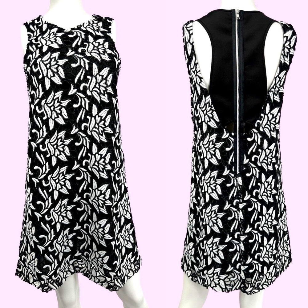 Sam Edelman Black and White Appliqué Lace Shift Dress